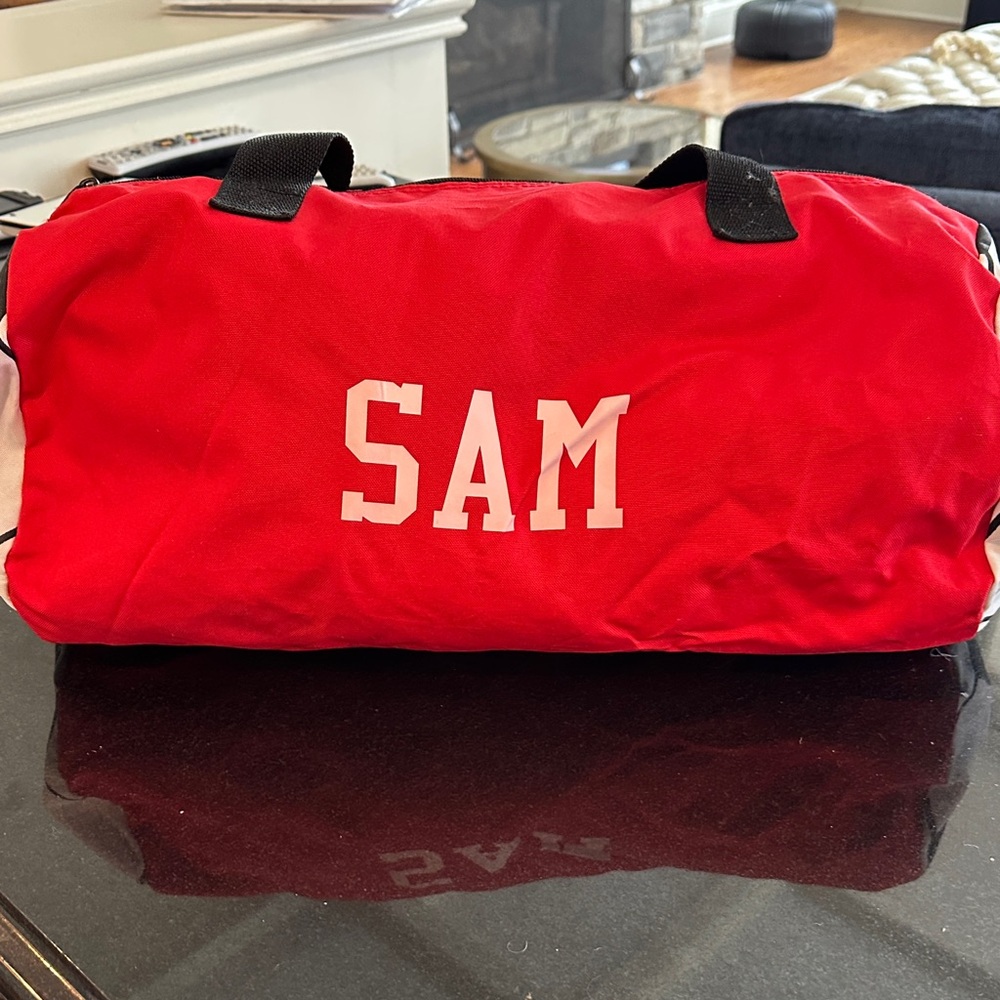 Red Duffel Bag personalized SAM working zipper